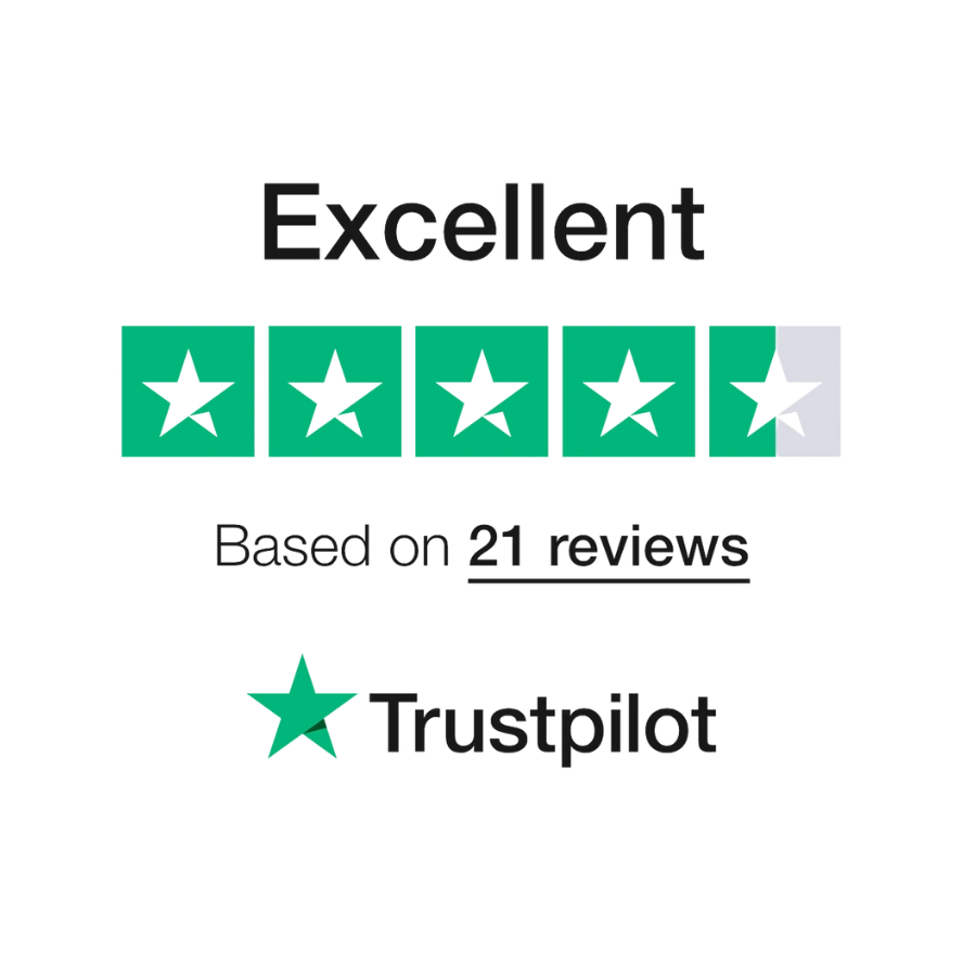 A graphic displaying four full green star blocks and one half green star block next to the word Excellent, followed by the text Based on 21 reviews with the official green and black Trustpilot corporate star icon and logotype below it.